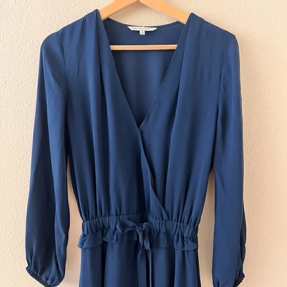 Rebecca Minkoff Navy Blue Silk Long Sleeve Faux Wrap Mini Dress US 2 - Picture 3 of 7